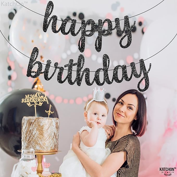 KatchOn, Glitter Cursive Black Happy Birthday Banner - Image 5
