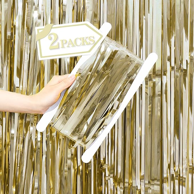 Metallic Tinsel Foil Fringe Curtains Backdrop Champagne Gold by VHUWE