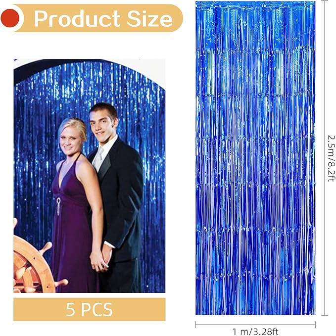 5 Pack Blue Fringe Foil Curtains 3.2ft x 8.2ft Tinsel Backdrop Streamers - Image 3