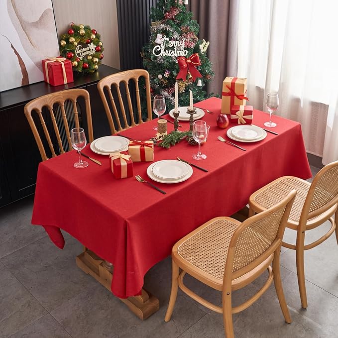 NLMUVW Red Linen Tablecloth Rectangle, Christmas Table Cloth Water Resistant - Image 2