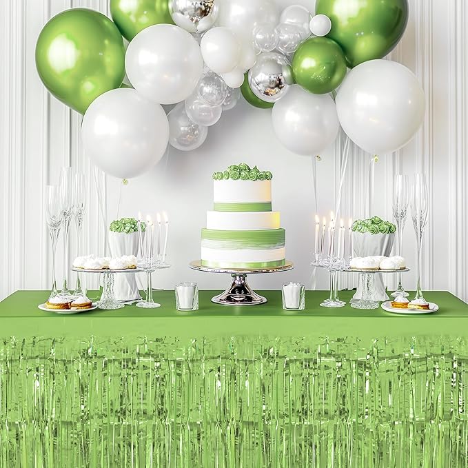 4 Pack Light Green Table Skirts, 29x108" Metallic Foil Tinsel Fringe Table - Image 5
