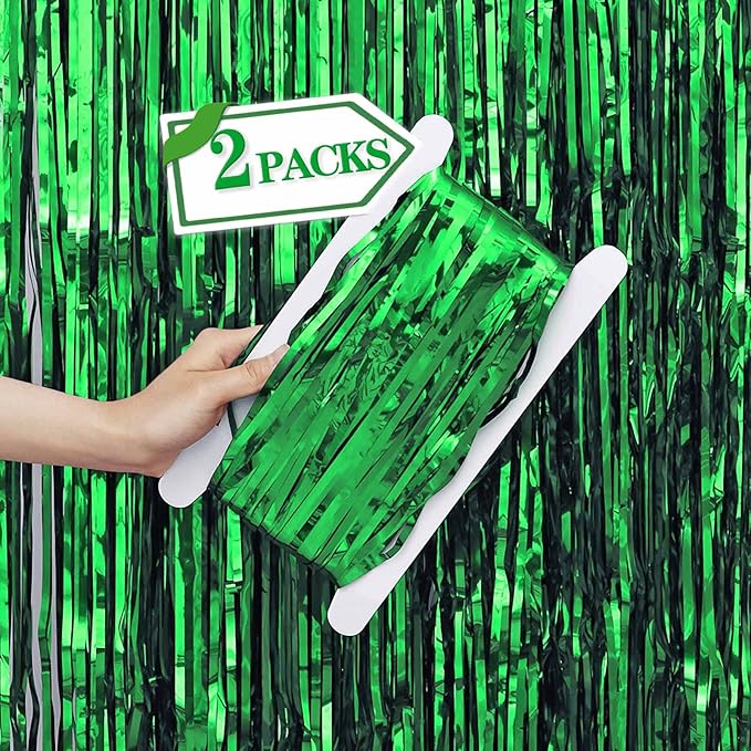 2 Pcs Green Metallic Tinsel Foil Fringe Curtains Backdrop, 3.28 ft x 6.56 ft by VHUWE