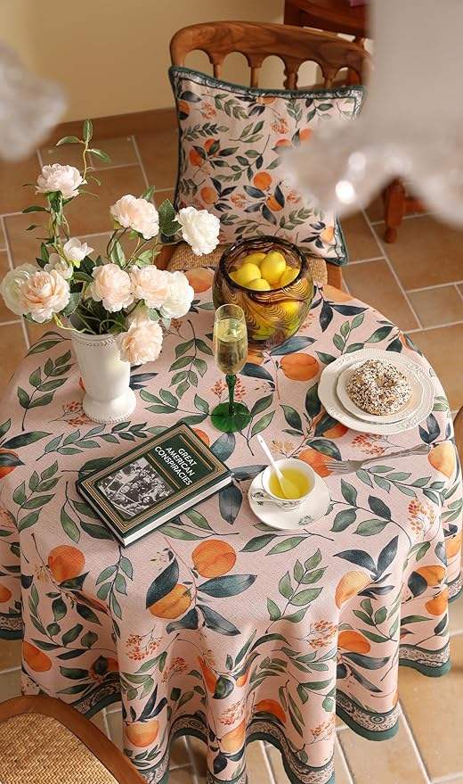 patdrea Designer Linen Round Table Cloth, Vintage Framhouse Oranges and Leaves - Image 3