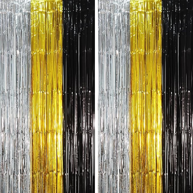2 Pack Black Gold Silver Foil Fringe Backdrop Curtains, Tinsel Streamers Party by Voircoloria
