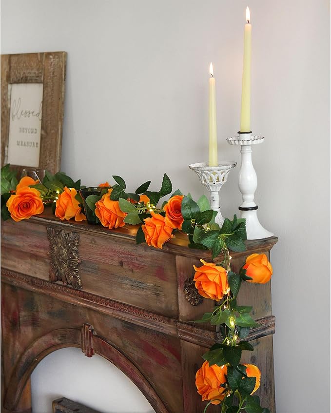 FiveSeasonStuff 29 Ft 4 Pack Mandarin Orange Rose Silk Flower Garland - Image 7