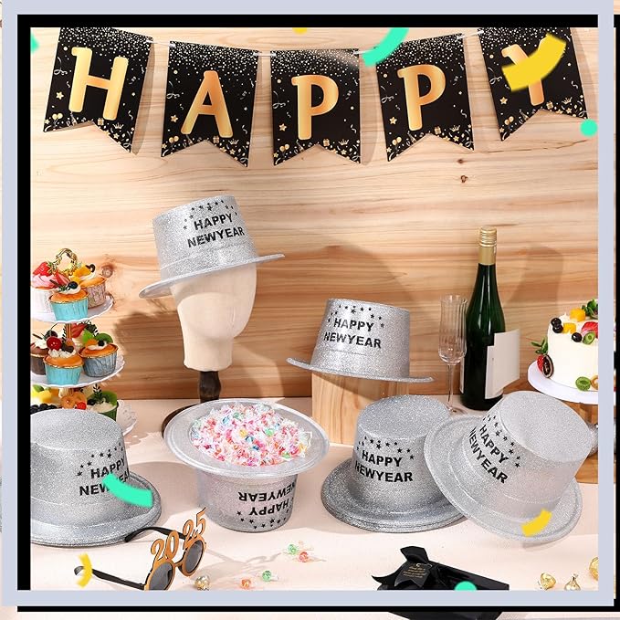 Hillban 12 Pcs Top Hats Halloween Glitter Plastic Retro Disco Party Hats - Image 3