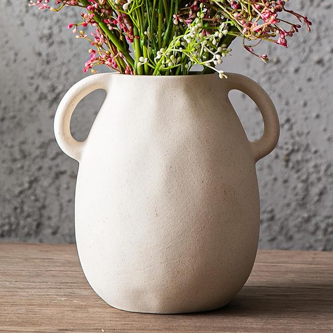 Kimdio White Ceramic Vase with 2 Handles – Sand-Glazed Clay Pottery Vase - Image 6
