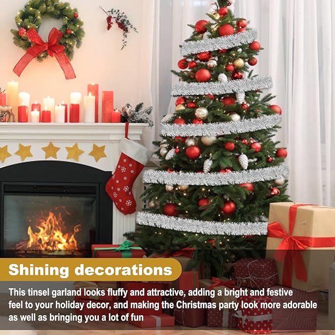 50 Feet Silver Christmas Tinsel Garland, Metallic Foil Twist Garland Wall - Image 4
