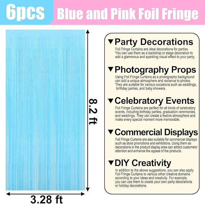 6 Pack Macaron Pink Blue Foil Fringe Curtain Backdrop, 3.28Ft x 8.2Ft Metallic - Image 2