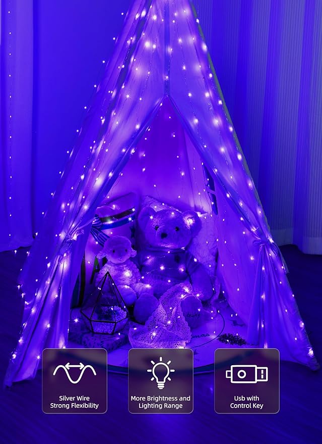 Brightown 300 LED Purple Fairy Curtain Lights, 9.8ft x 9.8ft Curtain String - Image 3
