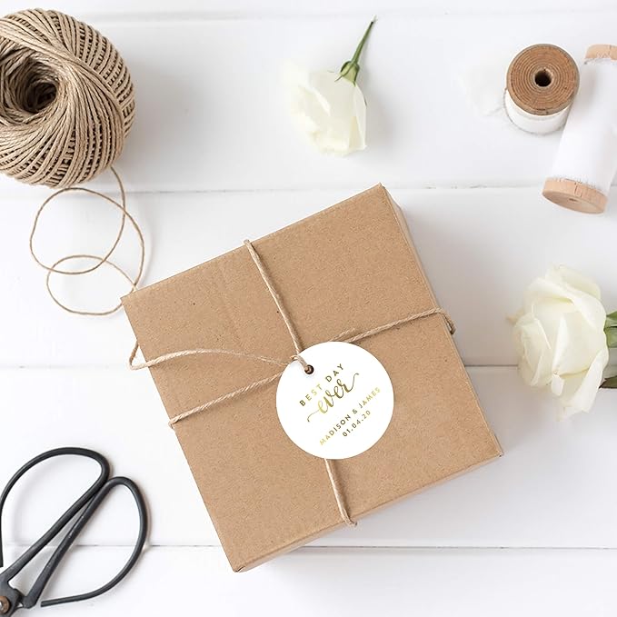 Andaz Press Personalized Round Circle Wedding Gift Tags, Metallic Gold Ink - Image 2