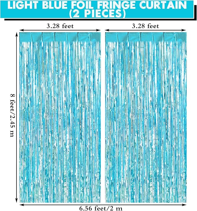 2 Pack Light Blue Fringe Curtains Foil Shiny Fringe Backdrop Tinsel Door - Image 2