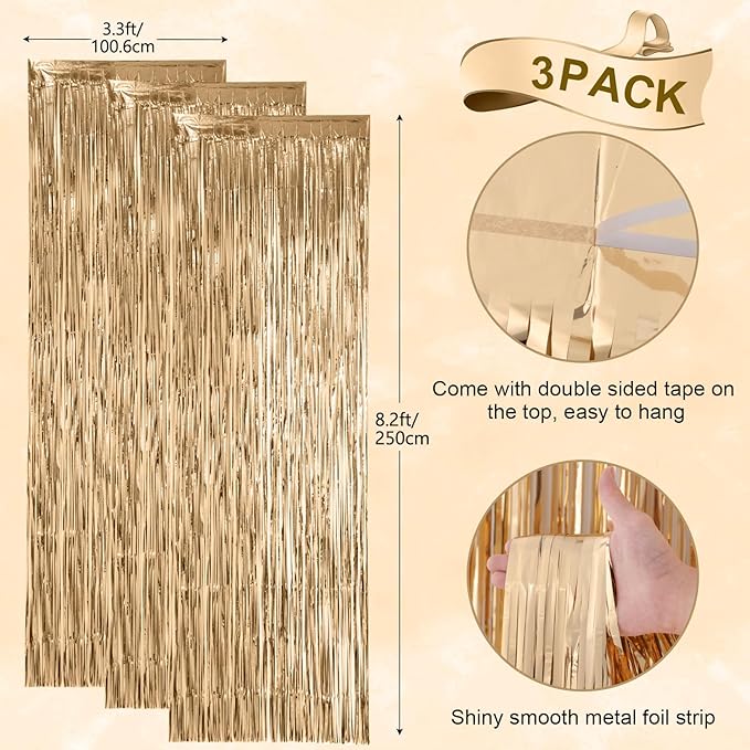 3 Pack 3.3x8.2 Feet Champagne Foil Fringe Backdrop Curtains, Tinsel Streamers - Image 3