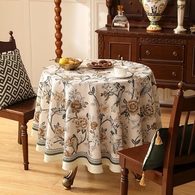 ISAENNE Designer Vintage Linen Round Table Cloth, Floral and Bird Pattern - Image 5