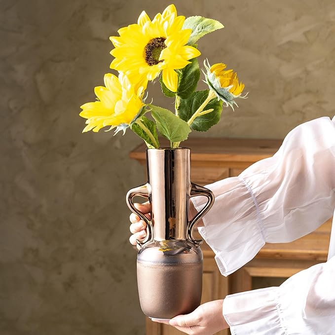 Gold Ceramic Vase with Handles, Modern Amber Tall Centerpiece Floral Large Vases - Image 3