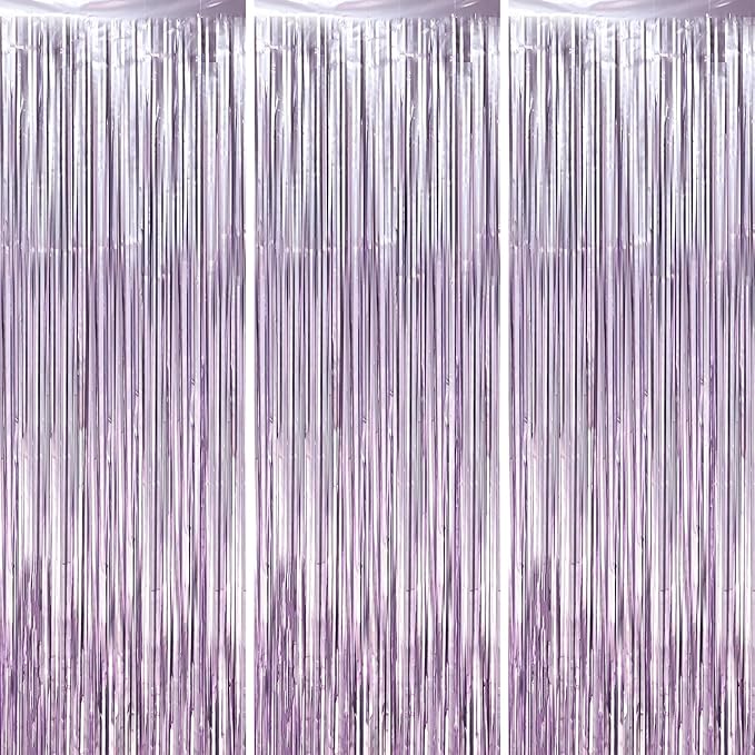 3 Pack 3.3 x 8.2 ft Light Purple Foil Fringe Backdrop Curtains, Tinsel by Voircoloria