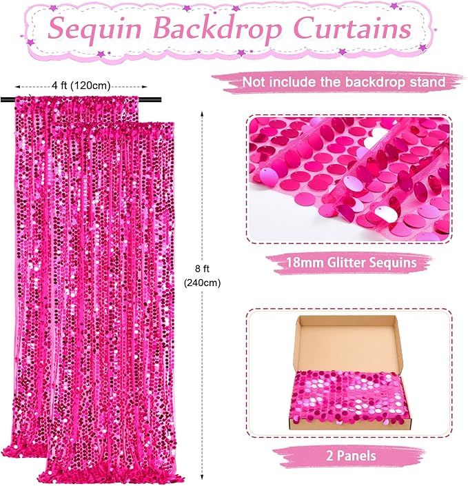 18mm Glitter Payette Backdrop 2 Panels 4ftx8ft Hot Pink Sequin Drapes Panels - Image 3