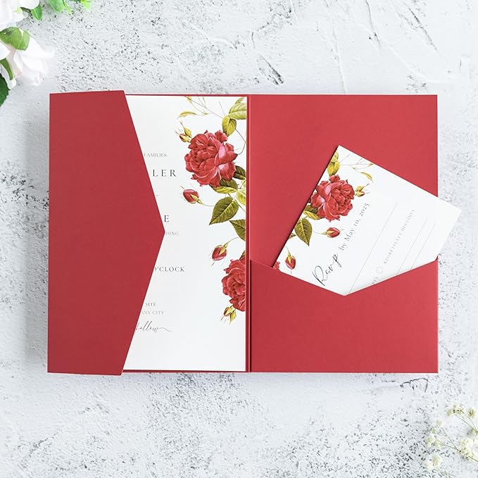 20 PCS Red Tri-fold Laser Cut Wedding Invitation Pockets - Image 8
