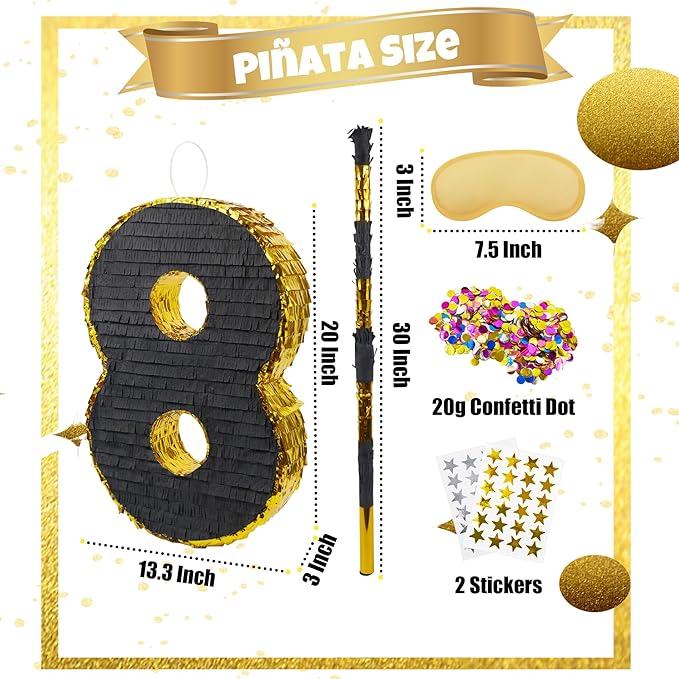 PCFING 20 Inch Number 8 Piñata Gold Black - Image 2