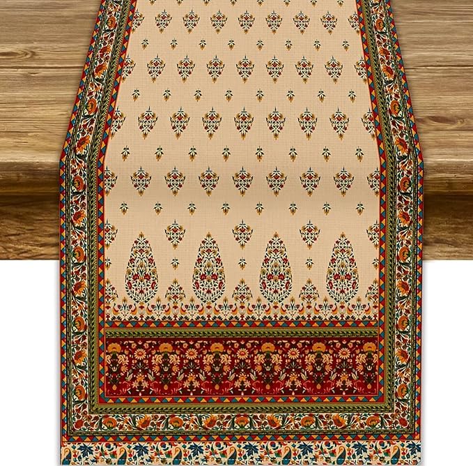 Boho Paisley Table Runner, Vintage Western Brown Dark Red Beige Flowers Leaves by JanJCurt