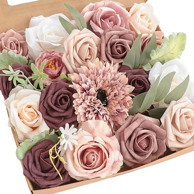 Floroom Dusty Rose Mauve Artificial Flowers Fake Roses Peony and Greenery Combo by Floroom