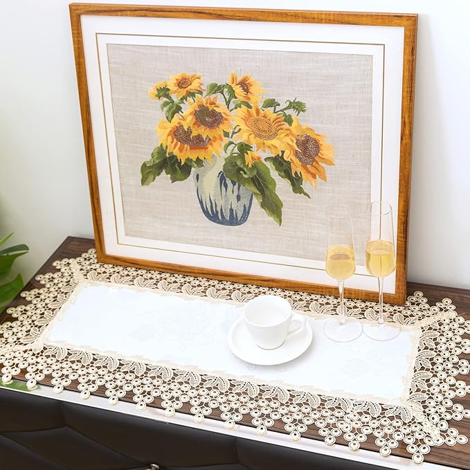 Beige lace Premium Rectangle Farmhouse Tablerunner Waterproof OilProof by BrekSdat
