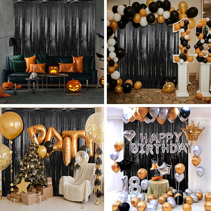 Crosize 4 Pack 3.3 x 9.9 ft Black Foil Fringe Backdrop Curtain, Streamer - Image 6