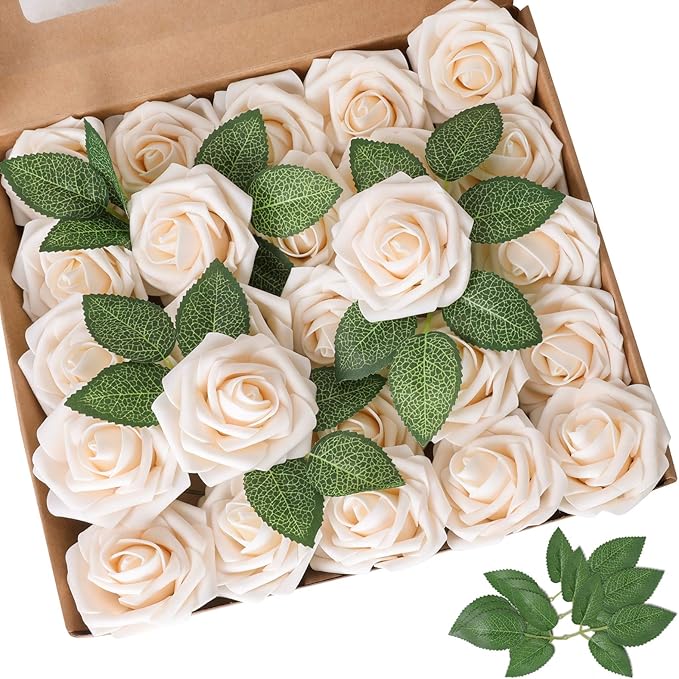 AmyHomie Artificial Flower Champagne Rose 25pcs Real Looking Fake Roses w/Stem by AmyHomie