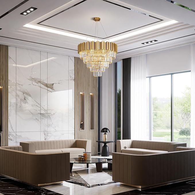 Modern Crystal Chandelier, 27.5" Gold Chandelier - Image 2