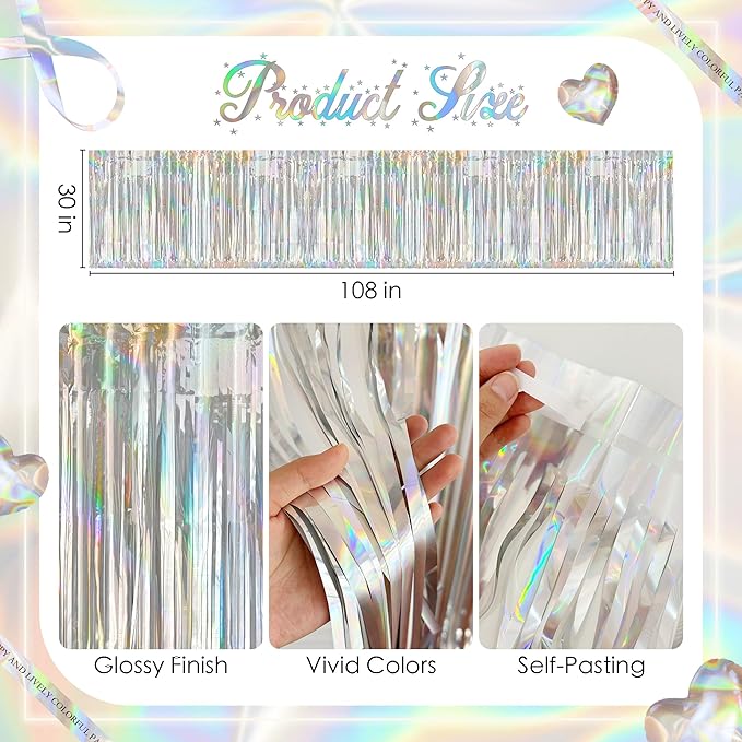 2 Pack Laser Silver Table Skirts, 29x108" Metallic Foil Tinsel Fringe Table - Image 3