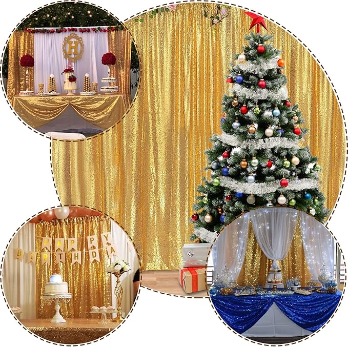 Gold Sequin Backdrop 2FTx8FT 2 Panels Sparkly Background Drapes - Image 2