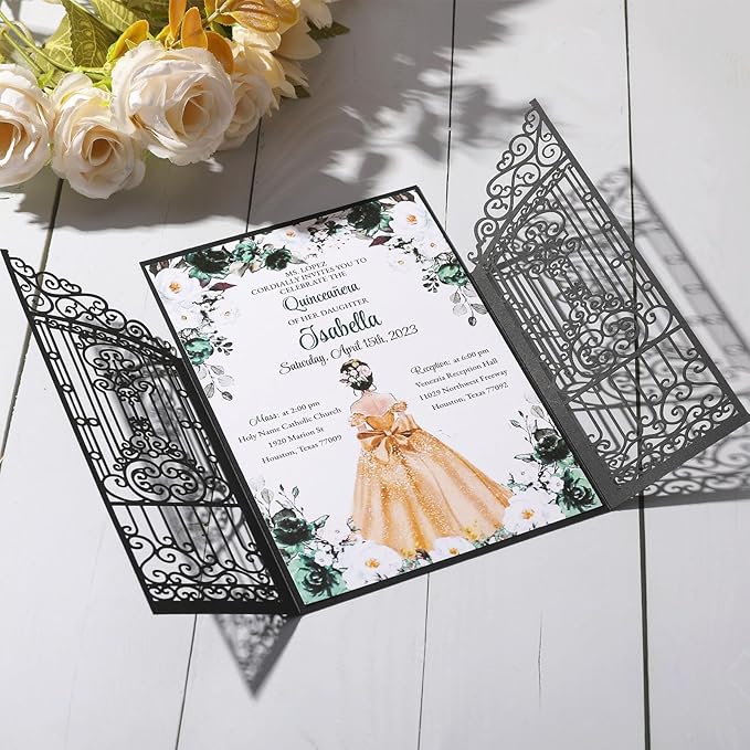 50Pcs Wedding Invitation Kit Black Fences Fold Laser Cut Invitation Pocket - Image 3