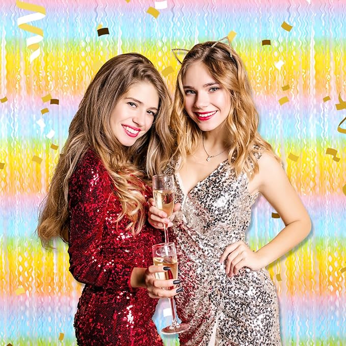 4 Pack Light Rainbow Wave Foil Fringe Curtain Backdrop, 3.28Ft x 8.2Ft Metallic - Image 4