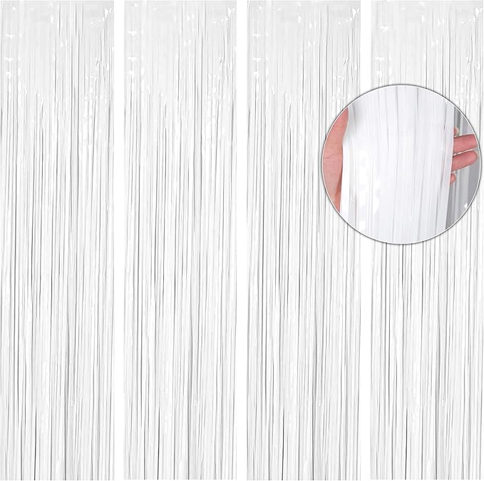 BTSD-home 4 Pack 3x 8ft White Foil Fringe Curtain Backdrop Party Streamers by BTSD-home