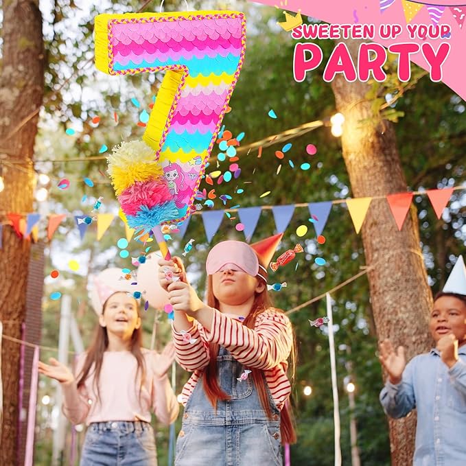 Number 7 Pinata for Birthday Party Decorations, Unicorn Mermaid Theme Pink - Image 3