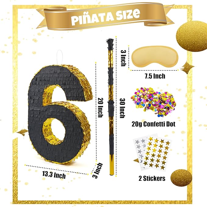 PCFING 20 Inch Number 6 Piñata Gold Black - Image 2