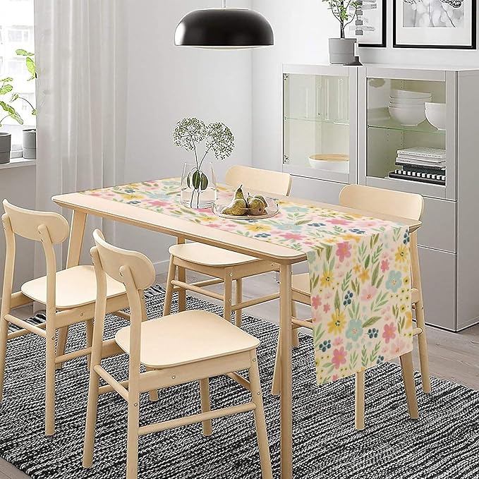 Floral Table Runner, Boho Style Watercolor Flower Green Leaf Plant Rectangle - Image 7