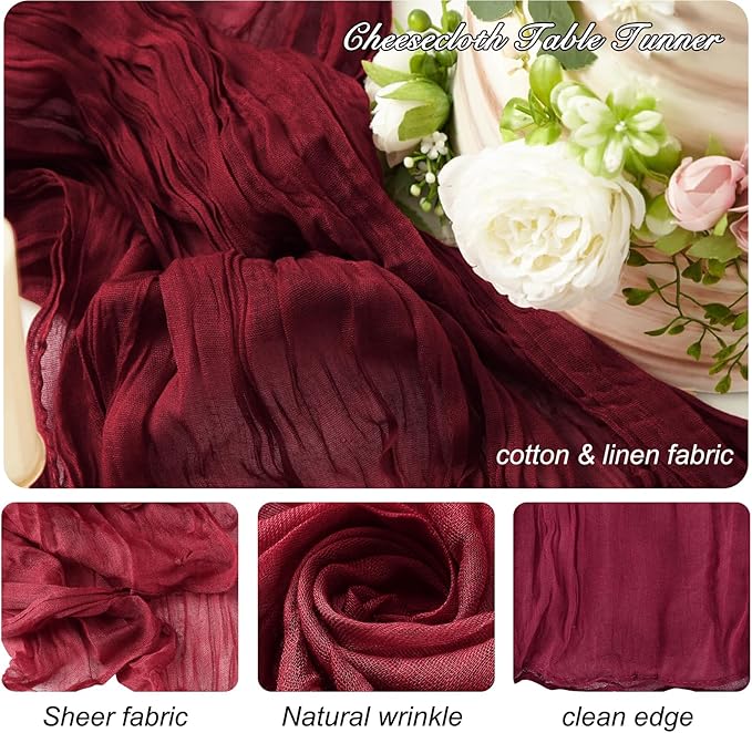 8 Pack 10Ft Table Runner 35x120 inch Burgundy Boho Gauze Table Cheese Cloth - Image 2