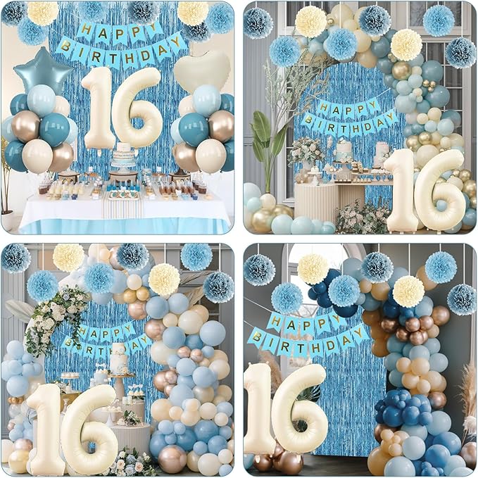 Dusty Blue 16th Birthday Party Decorations Boys Girls Beige Cream Number 16 - Image 5