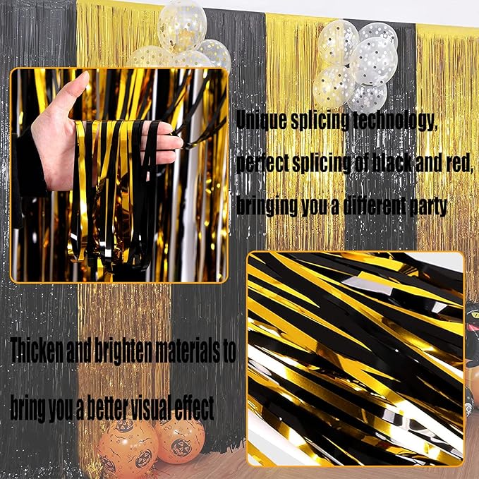 4 Pack Black Gold Foil Fringe Curtain Backdrop, 3.28Ft x 8.2Ft Metallic Tinsel - Image 3