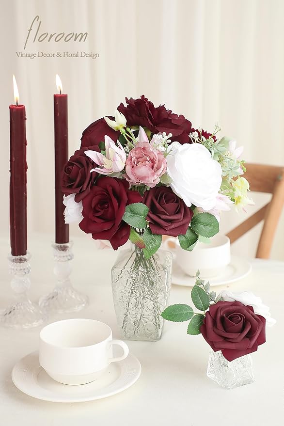 Floroom Burgundy Artificial Flowers Marsala Fake Roses Peonies Dahlia Greenery - Image 2