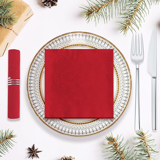 Christmas Red Jacquard Square Napkin, Damask Wrinkle Resistant Soft Polyester - Image 2