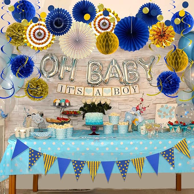 Blue Gold Party Decorations Paper Fans, Graduation Season Hanging Glitter - Image 6