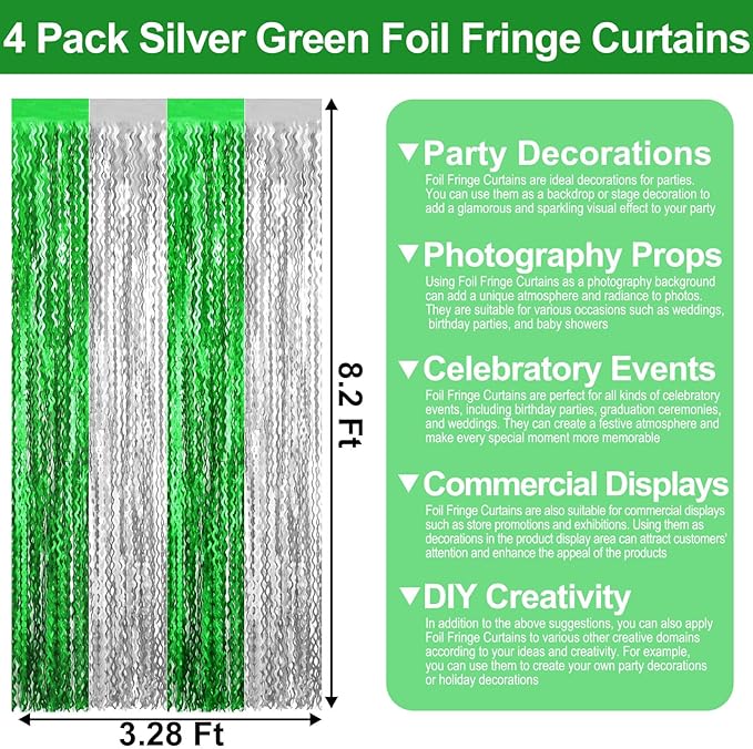 4 Pack Silver Green Wave Foil Fringe Curtain Backdrop, 3.28Ft x 8.2Ft Metallic - Image 2