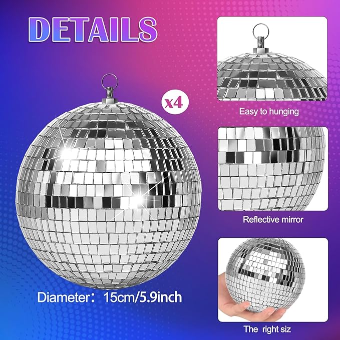 4 Pack Large Disco Ball Silver Hanging Disco Balls Reflective Mirror Ball - Image 3