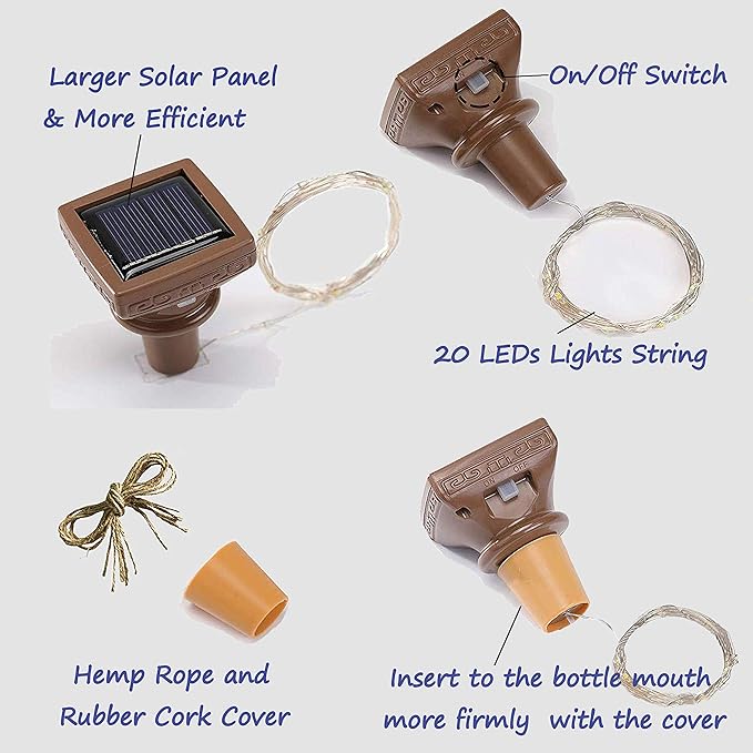 Decorman 10 Pack Solar Wine Bottle Lights 20 LEDs Waterproof Fairy Cork String - Image 2