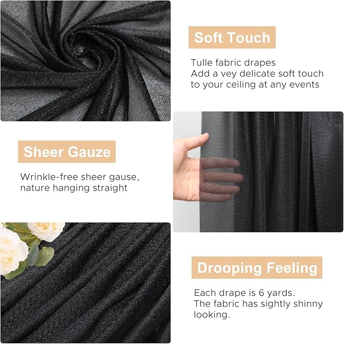 Wokceer Black Wedding Arch Draping Fabric Backdrop 4 Panels 28.7" X 20FT Sheer - Image 2