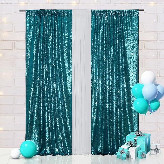 Eternal Beauty Teal Sequin Backdrop Curtains, Shimmer Back Drop 2Panels-2FTx8FT by EternalBeauty