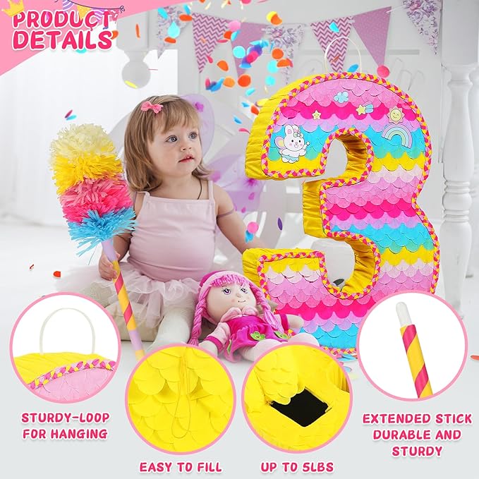 Number 3 Pinata for Birthday Party Decorations, Unicorn Mermaid Theme Pink - Image 5
