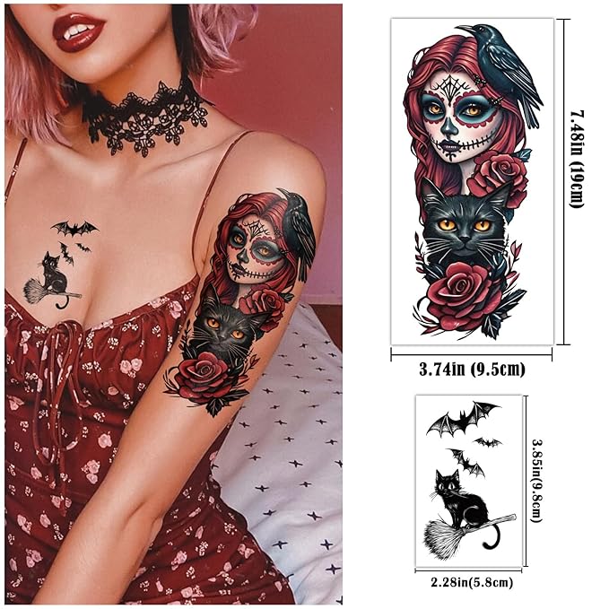 77 Sheets Witch Temporary Tattoos Women Men Adults, Skeleton Death Skull - Image 3